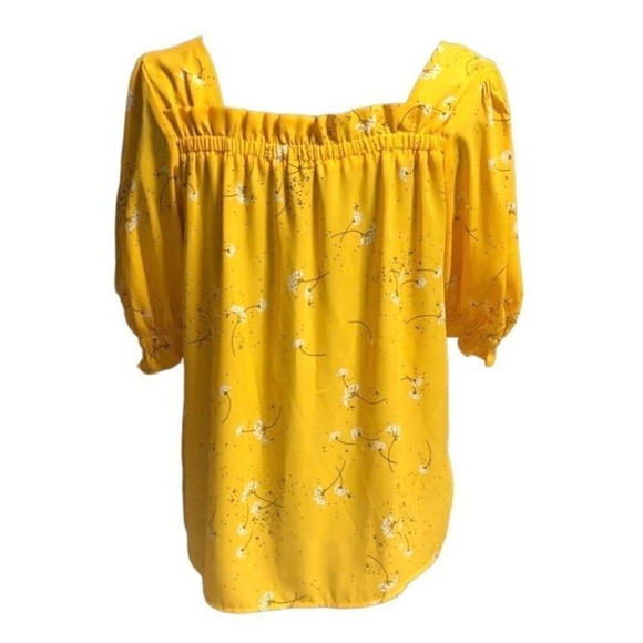 CeCe Square Neck Cap Sleeves Floral Yellow Golden Hour Blouse Top Size Medium - Picture 2 of 6